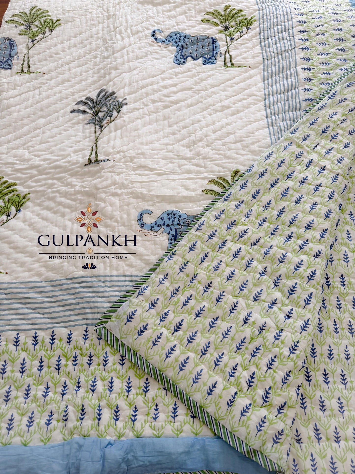 Hand Block Printed Cotton Quilt - Blue Elephant Parade | Gulpankh Canada