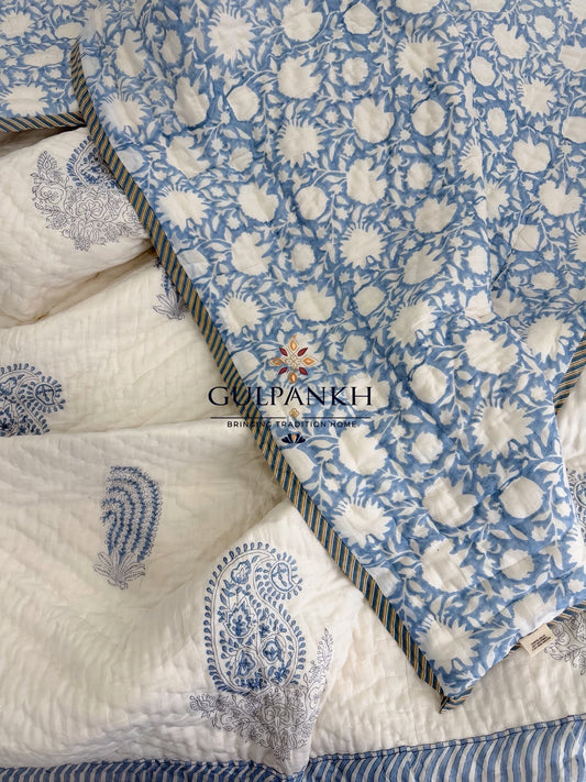 Hand Block Printed Cotton Quilt - Indigo Saaz | Gulpankh Canada