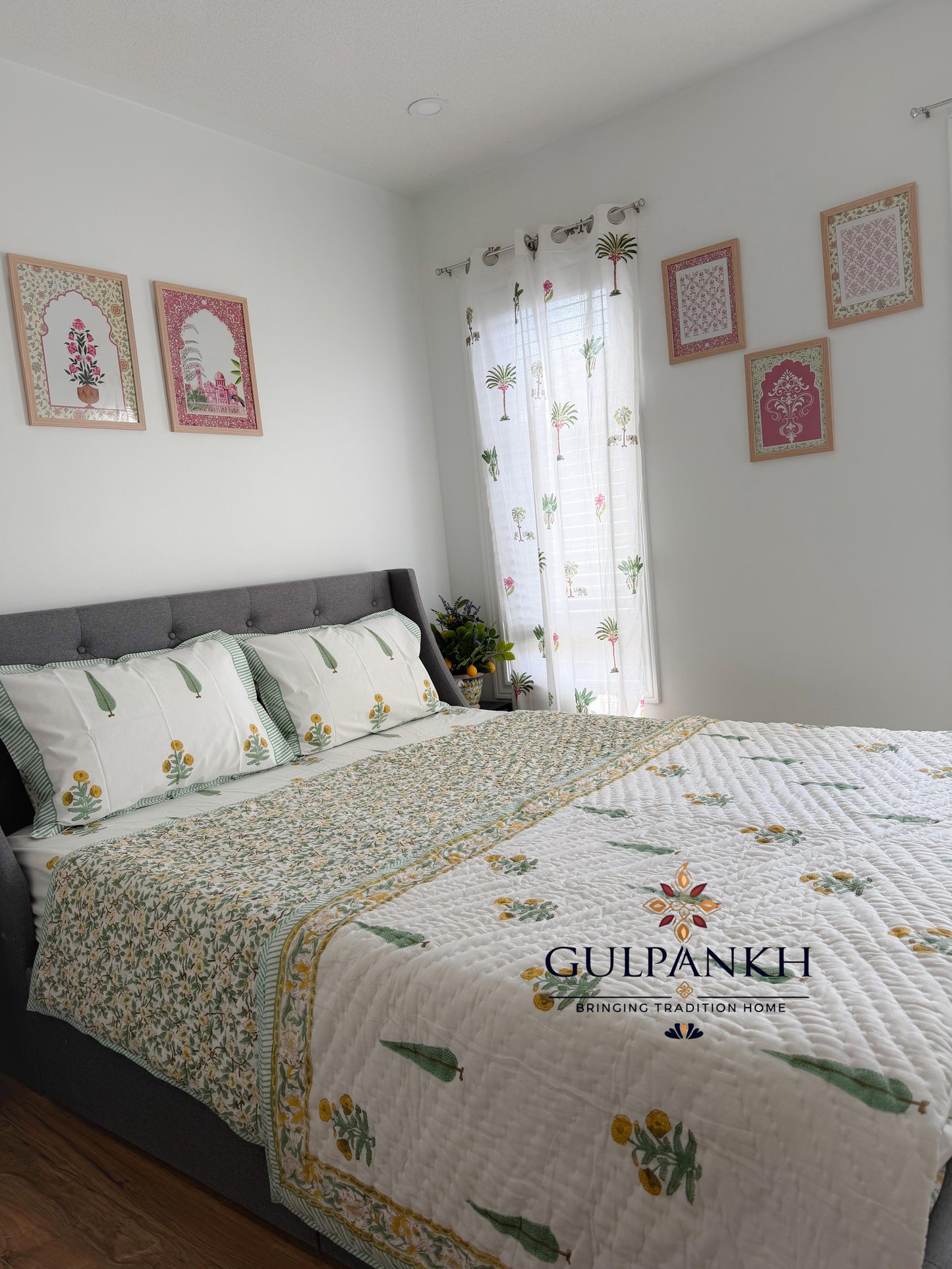 Botanical Meadow Hand Block Printed Cotton Bedding Set with Quilt | Gulpankh Canada