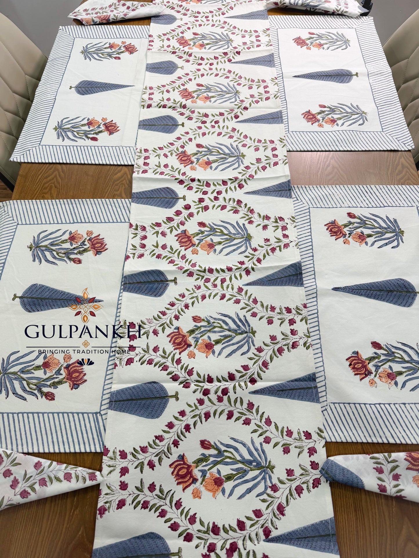 Hand Block Printed Dining Table Set – Saanjh Botanical | Gulpankh Canada