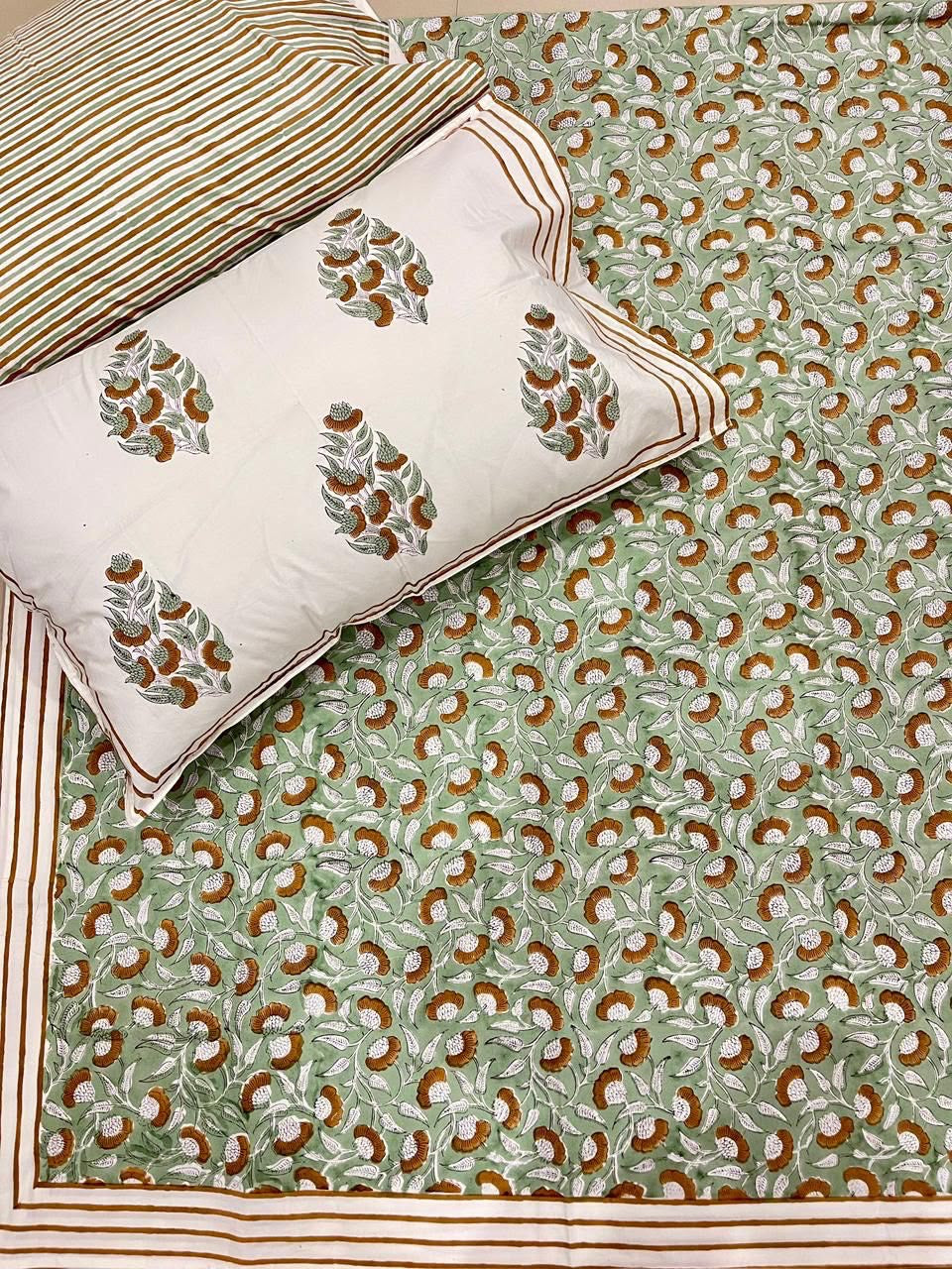 Hand Block Printed 100% Cotton Super King Flat Bedsheet – Sage Marigold Vine | Gulpankh Canada