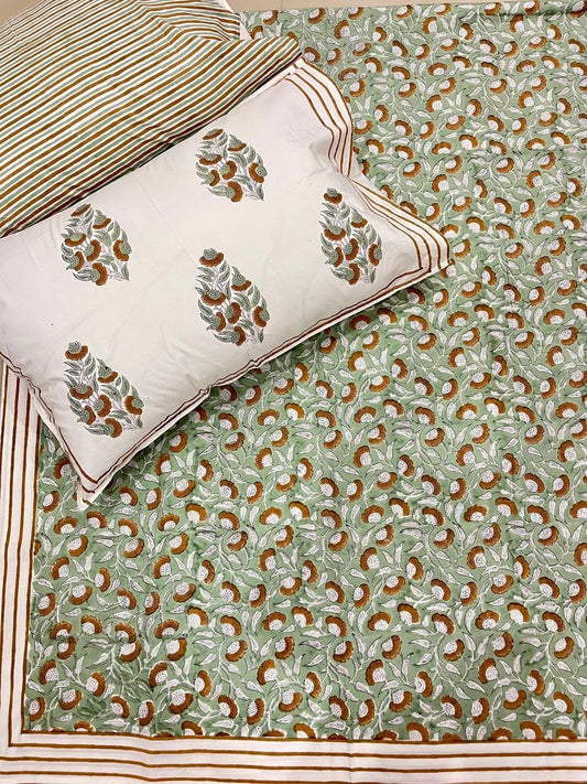 Hand Block Printed 100% Cotton Super King Flat Bedsheet – Sage Marigold Vine | Gulpankh Canada