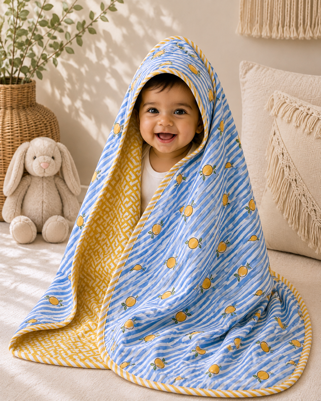 Hand Block Printed Hooded Baby Swaddle Blanket – Lemon Sky | Gulpankh Canada