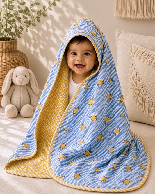 Hand Block Printed Hooded Baby Swaddle Blanket – Lemon Sky | Gulpankh Canada