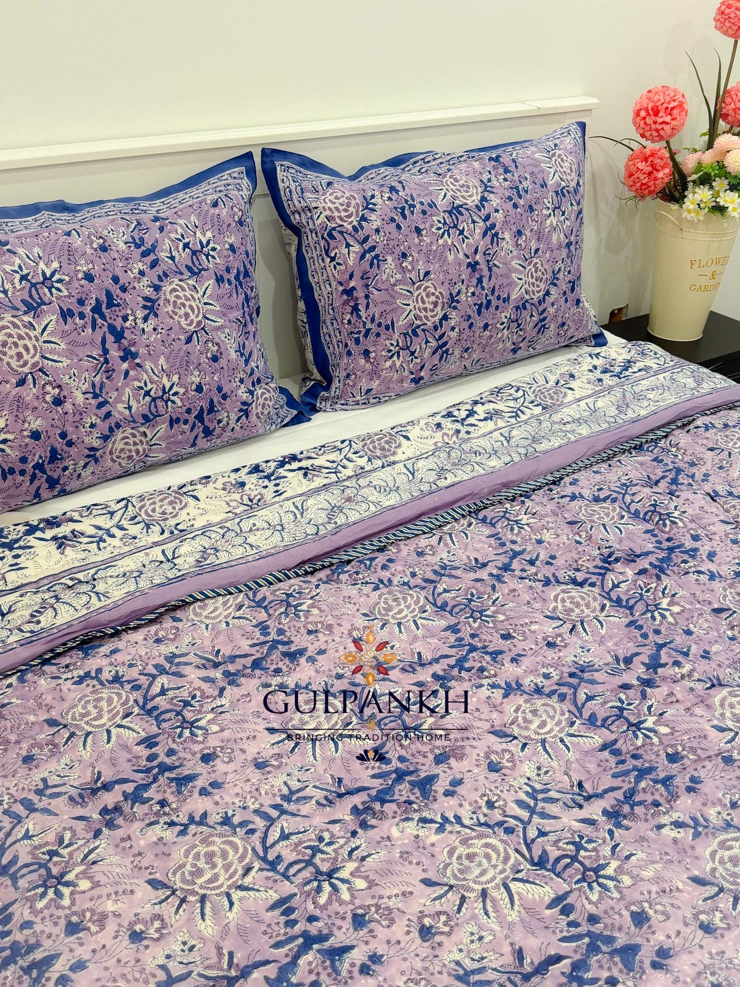 Reversible Hand Block Printed Cotton Quilt - Lavender Noor | Gulpankh Canada
