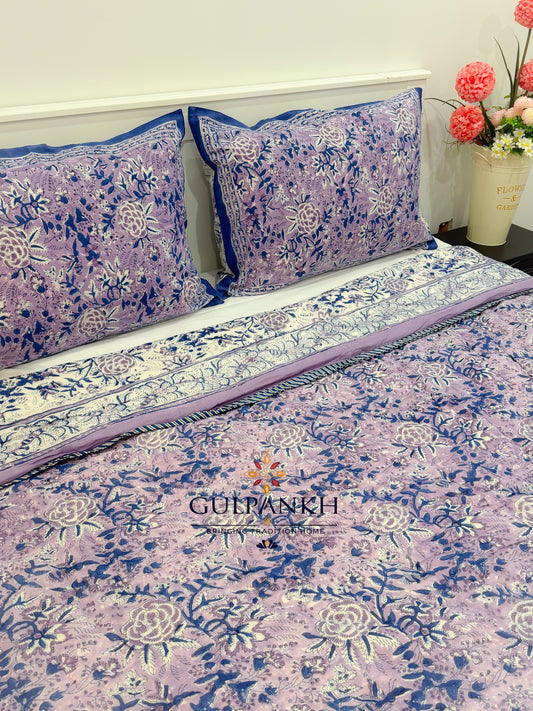 Reversible Hand Block Printed Cotton Quilt - Lavender Noor | Gulpankh Canada