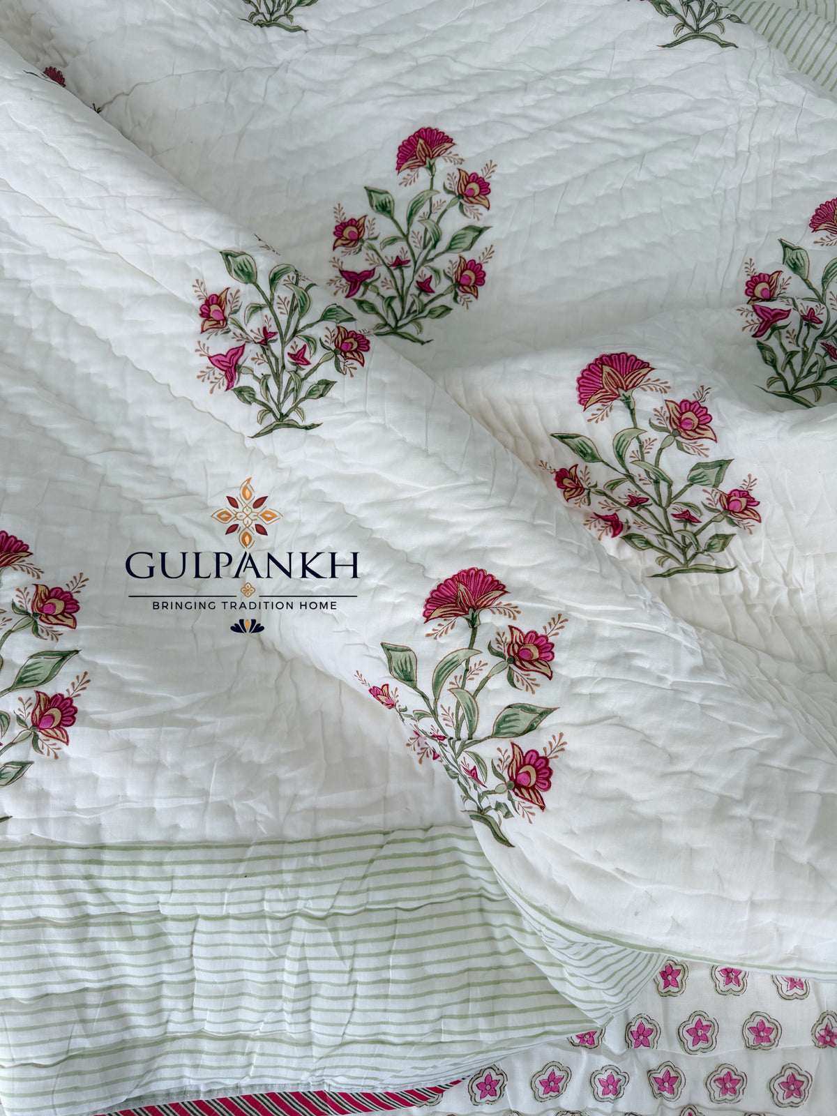 Hand Block Printed Reversible Cotton Quilt - Raspberry Sage Bloom | Gulpankh Canada