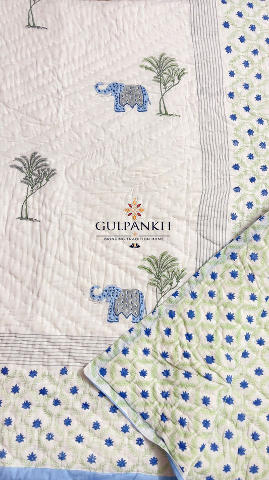 Hand Block Printed Reversible Cotton Twin Quilt - Blue Elephant Grove | Gulpankh Canada
