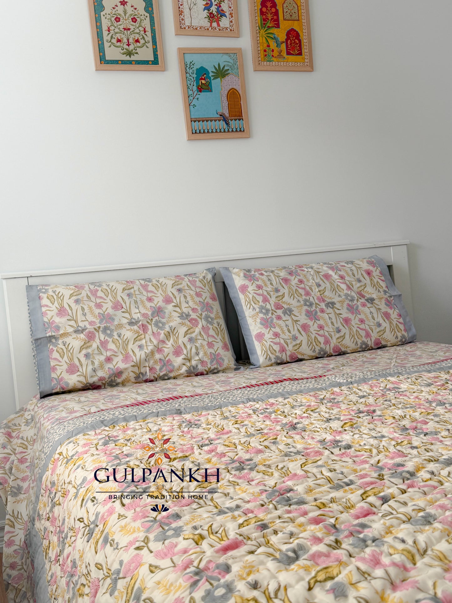 Hand Block Printed Cotton Bedding Set with Quilt - Blush Meadow Luxe | Gulpankh Canada