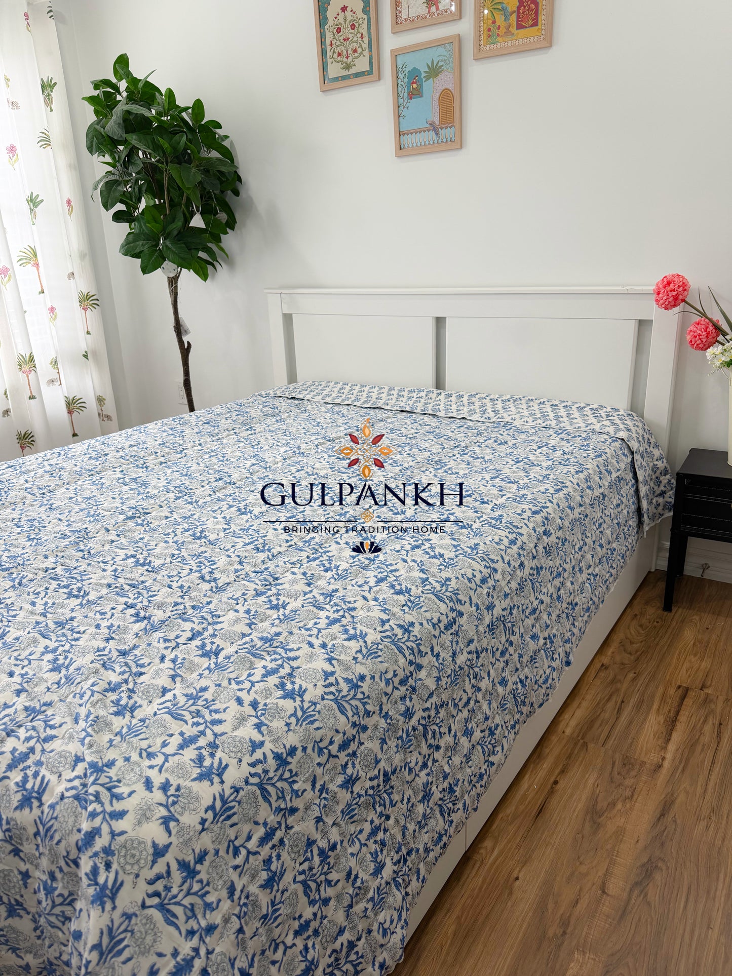 Hand Block Printed Cotton Quilt - Indigo Wildflower Bloom | Gulpankh Canada
