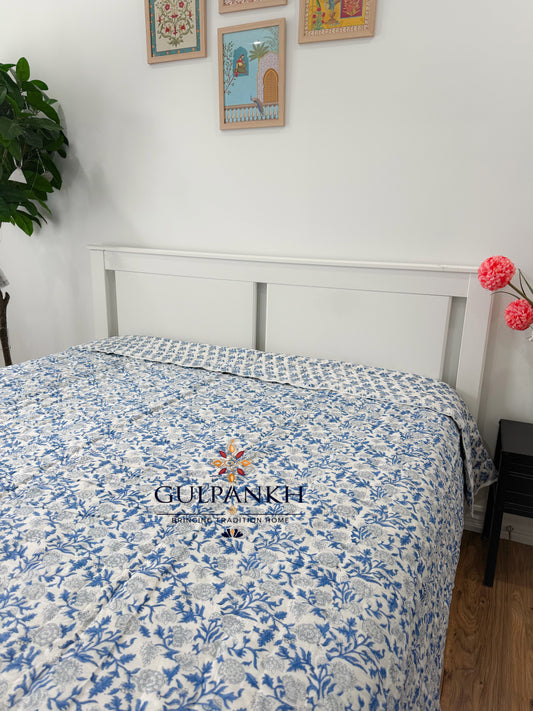 Hand Block Printed Cotton Quilt - Indigo Wildflower Bloom | Gulpankh Canada