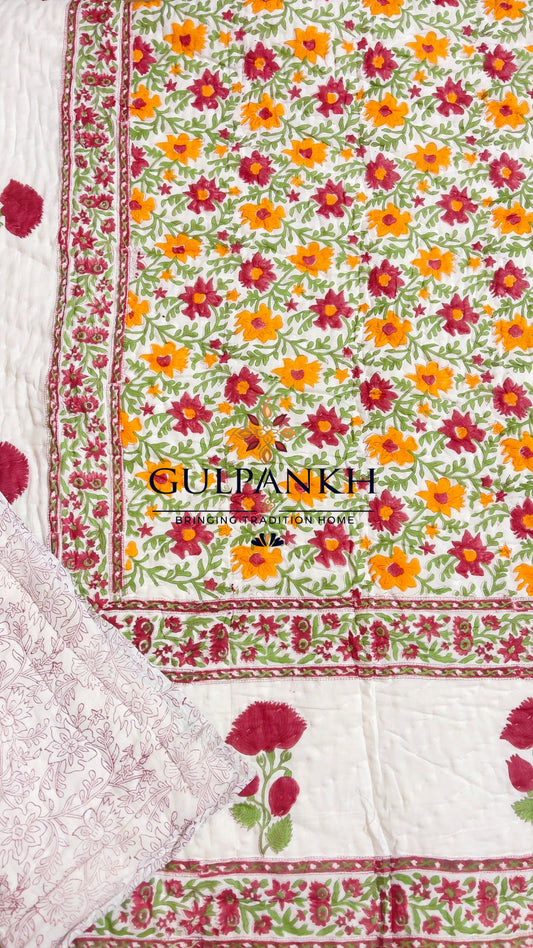 Hand Block Printed Reversible Cotton Twin Quilt - Marigold Blossom Garden | Gulpankh Canada