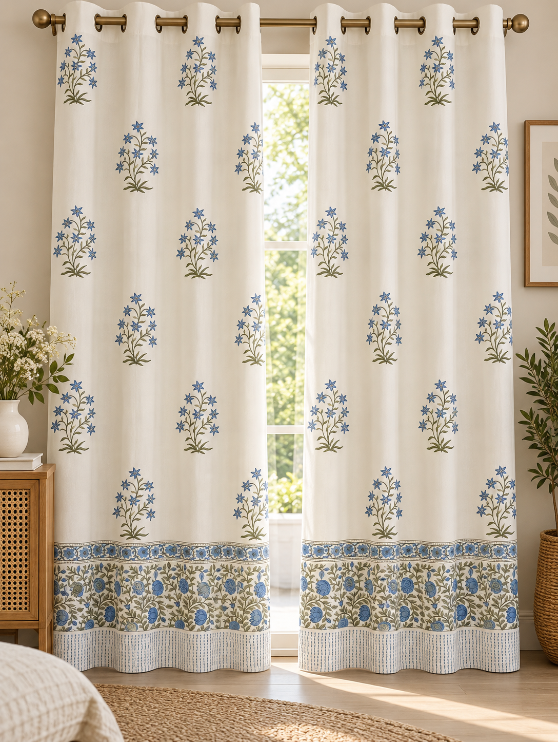 Hand Block Printed 100% Cotton Eyelet Curtain – Blue Blossom Meadow | 9 Ft | Gulpankh Canada
