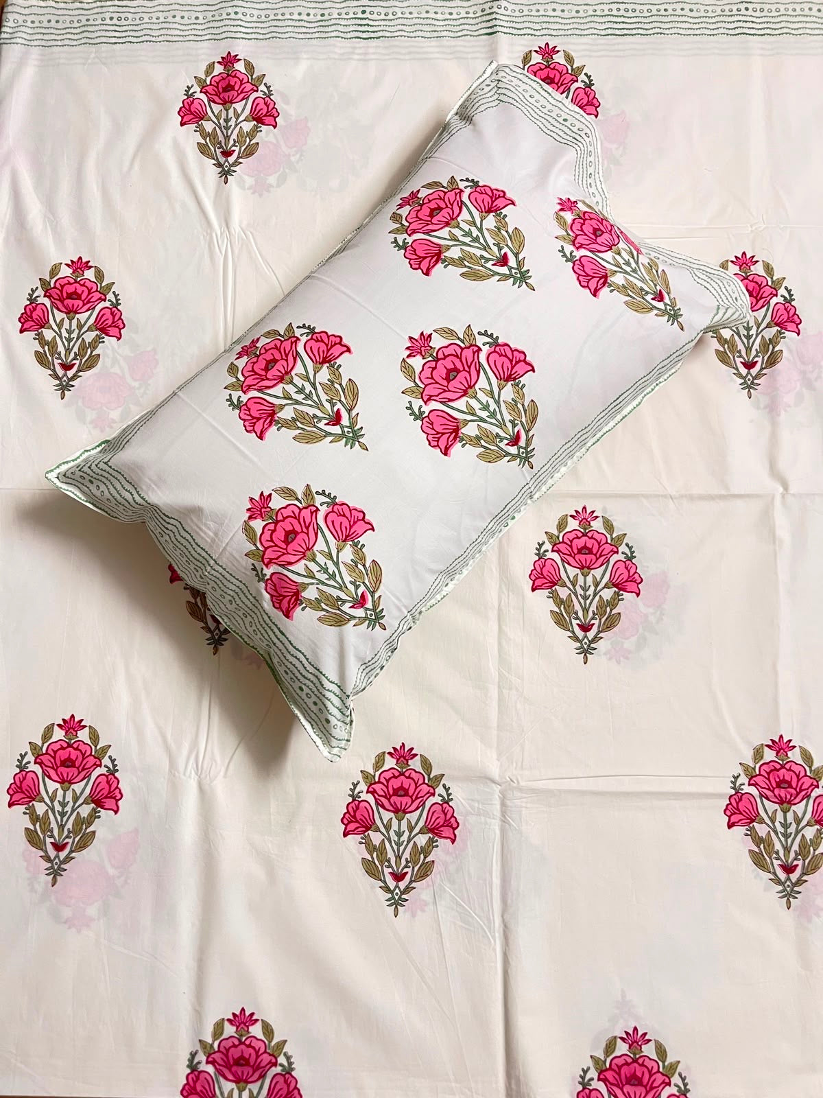 Hand Block Printed 100% Cotton Double Fitted Bedsheet – Pink Rose Buta | Gulpankh Canada