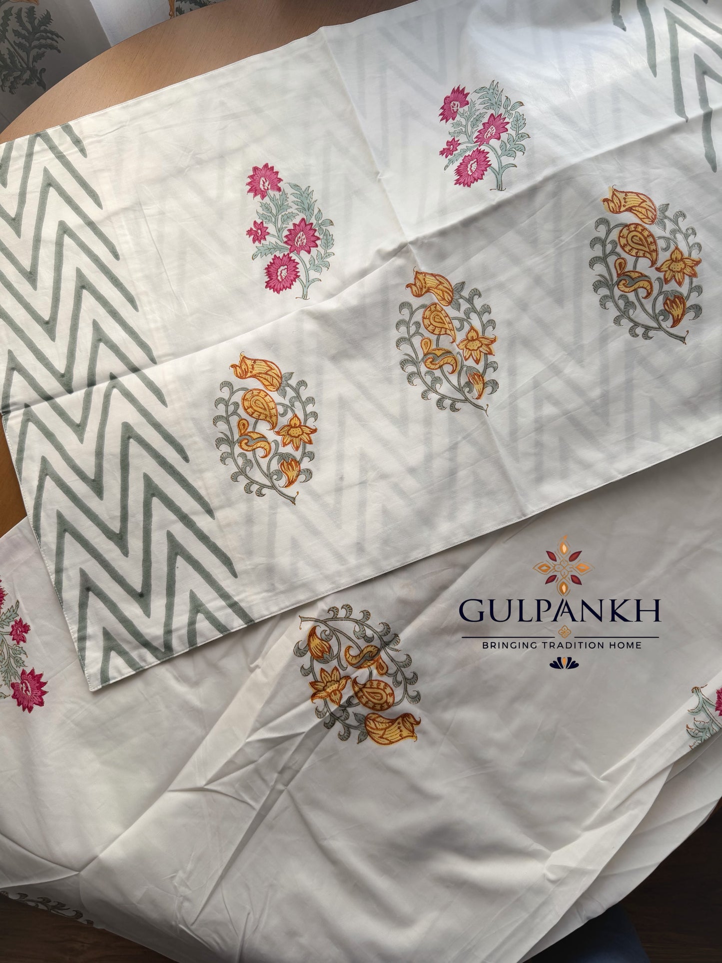 Hand Block Printed King Fitted Bedsheet - Gulabi Sunehri Vatika | Gulpankh Canada