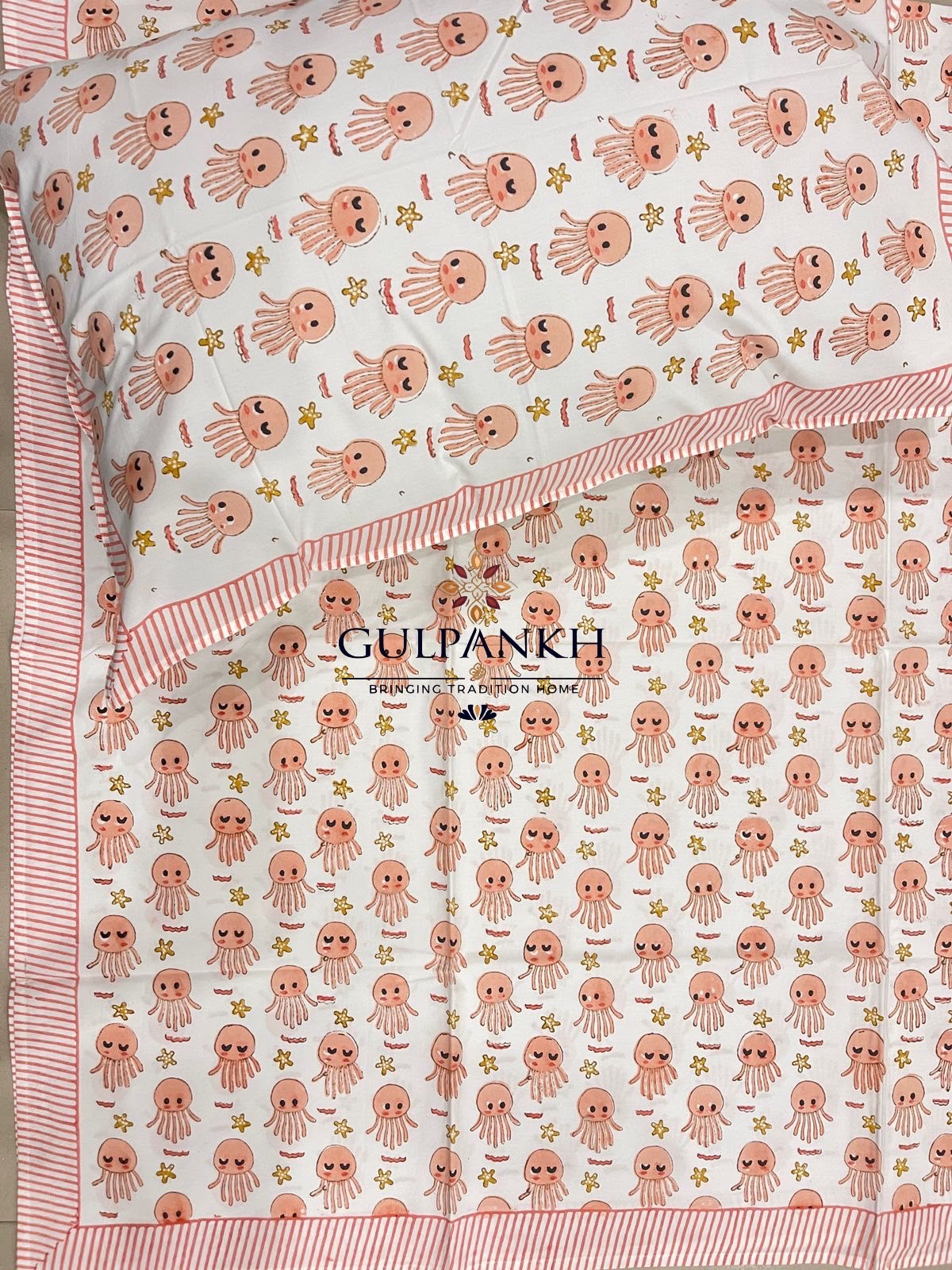 Hand Block Printed Twin Fitted Bedsheet - Little Octopus | Gulpankh Canada