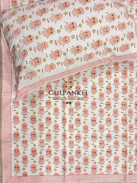 Hand Block Printed Twin Fitted Bedsheet - Little Octopus | Gulpankh Canada