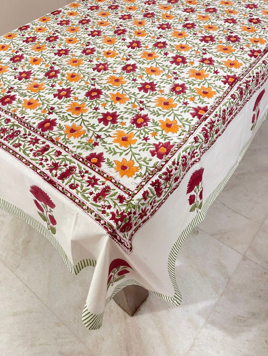 Autumn Marigold Garden Hand Block Printed Cotton Tablecloth | Gulpankh Canada