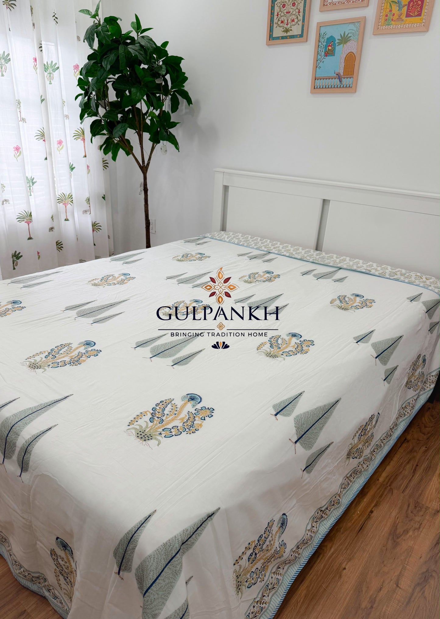 Hand Block Printed Mulmul Cotton Dohar - Neel Vriksha Blossom| Gulpankh Canada