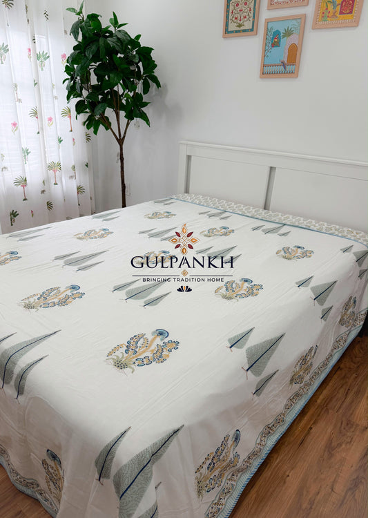 Hand Block Printed Mulmul Cotton Dohar - Neel Vriksha Blossom| Gulpankh Canada