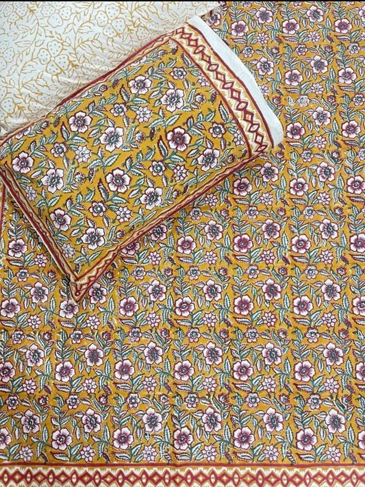 Hand Block Printed Super King Flat Bedsheet - Mustard Gulbahaar | Gulpankh Canada