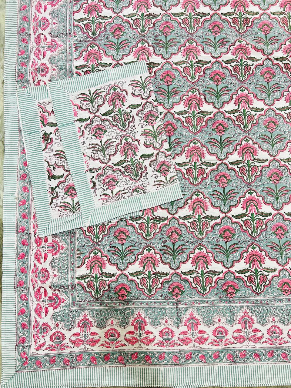 Hand Block Printed Queen Flat Sheet - Mint Gulab Mahal | Gulpankh Canada
