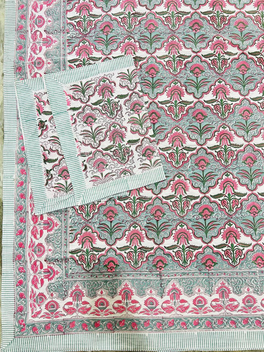Hand Block Printed Queen Flat Sheet - Mint Gulab Mahal | Gulpankh Canada