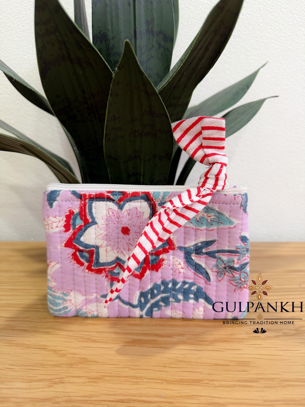 Hand Block Printed Quilted Flat Pouch – Blush Garden | Gulpankh Canada