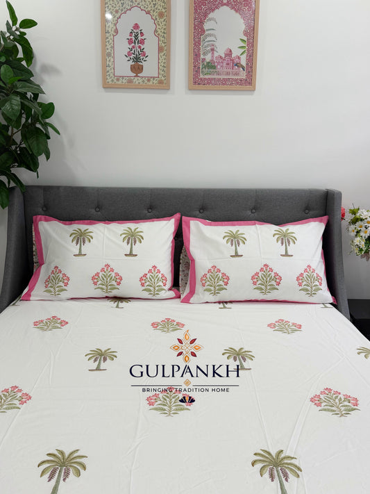 Hand Block Printed 100% Cotton Queen Fitted Bedsheet – Palm Blossom Retreat | Gulpankh Canada
