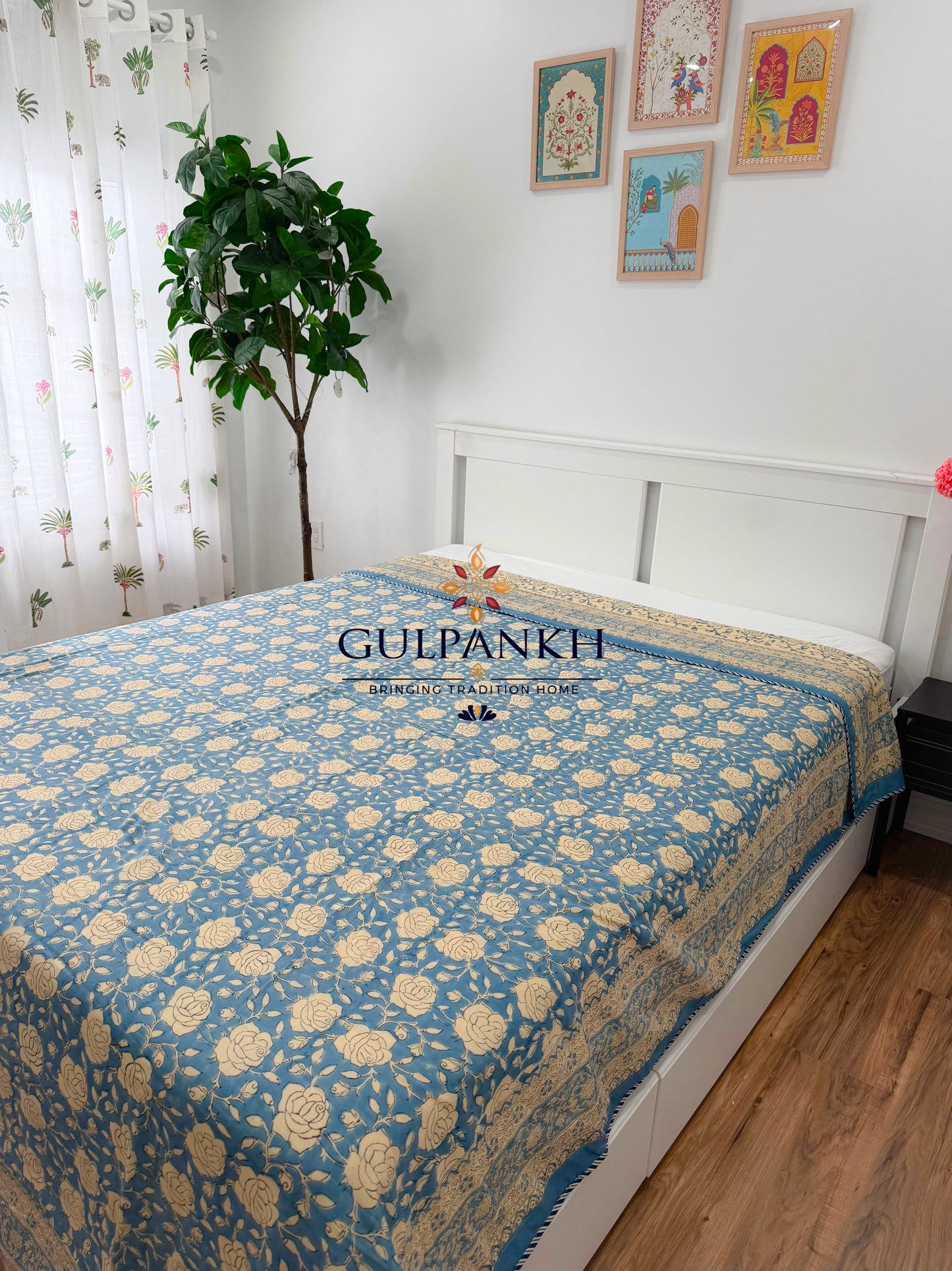 Hand Block Printed Mulmul Cotton Dohar - Neel Gulab Garden | Gulpankh Canada