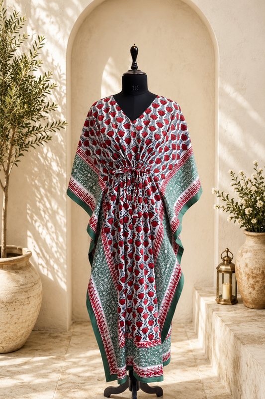 Hand Block Printed Cotton Kaftan – Gulnaar Emerald | Gulpankh Canada