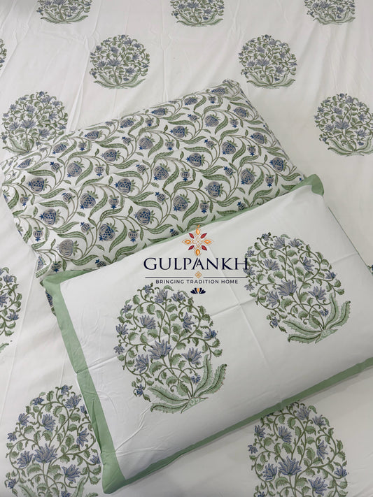 Hand Block Printed King Fitted Bedsheet - Viraasat Bloom Sage | Gulpankh Canada