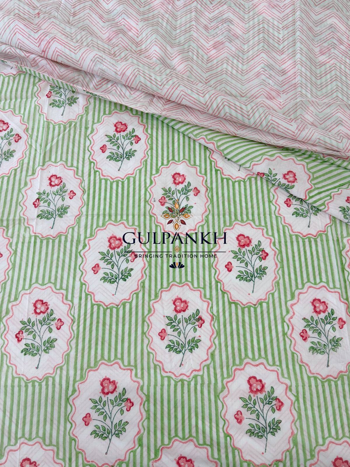Hand Block Printed 100% Mulmul Cotton Queen Duvet Cover – Blush Meadow Stripe | Gulpankh Canada