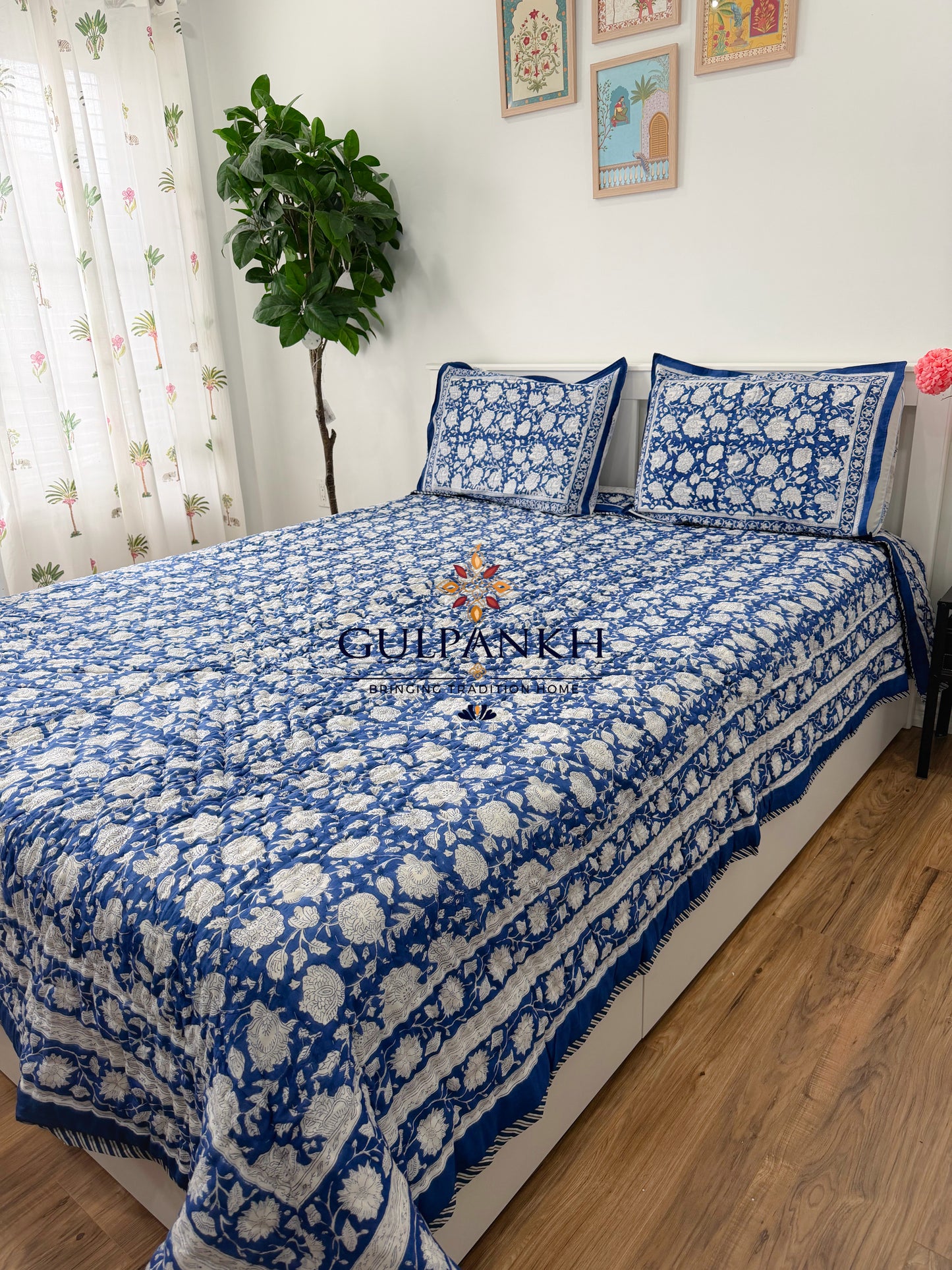 Hand Block Printed Cotton Quilt - Indigo Paisley Heritage | Gulpankh Canada