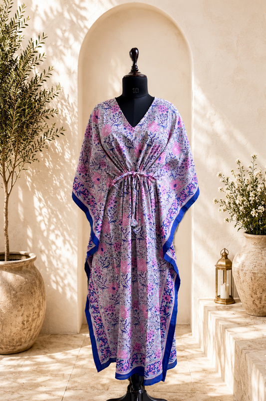 Hand Block Printed Cotton Kaftan – Lilac Neel Gulzar | Gulpankh Canada