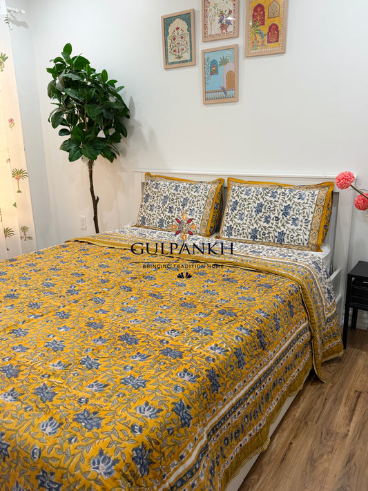 Reversible Hand Block Printed Cotton Quilt - Neel Mustard Gulzar | Gulpankh Canada