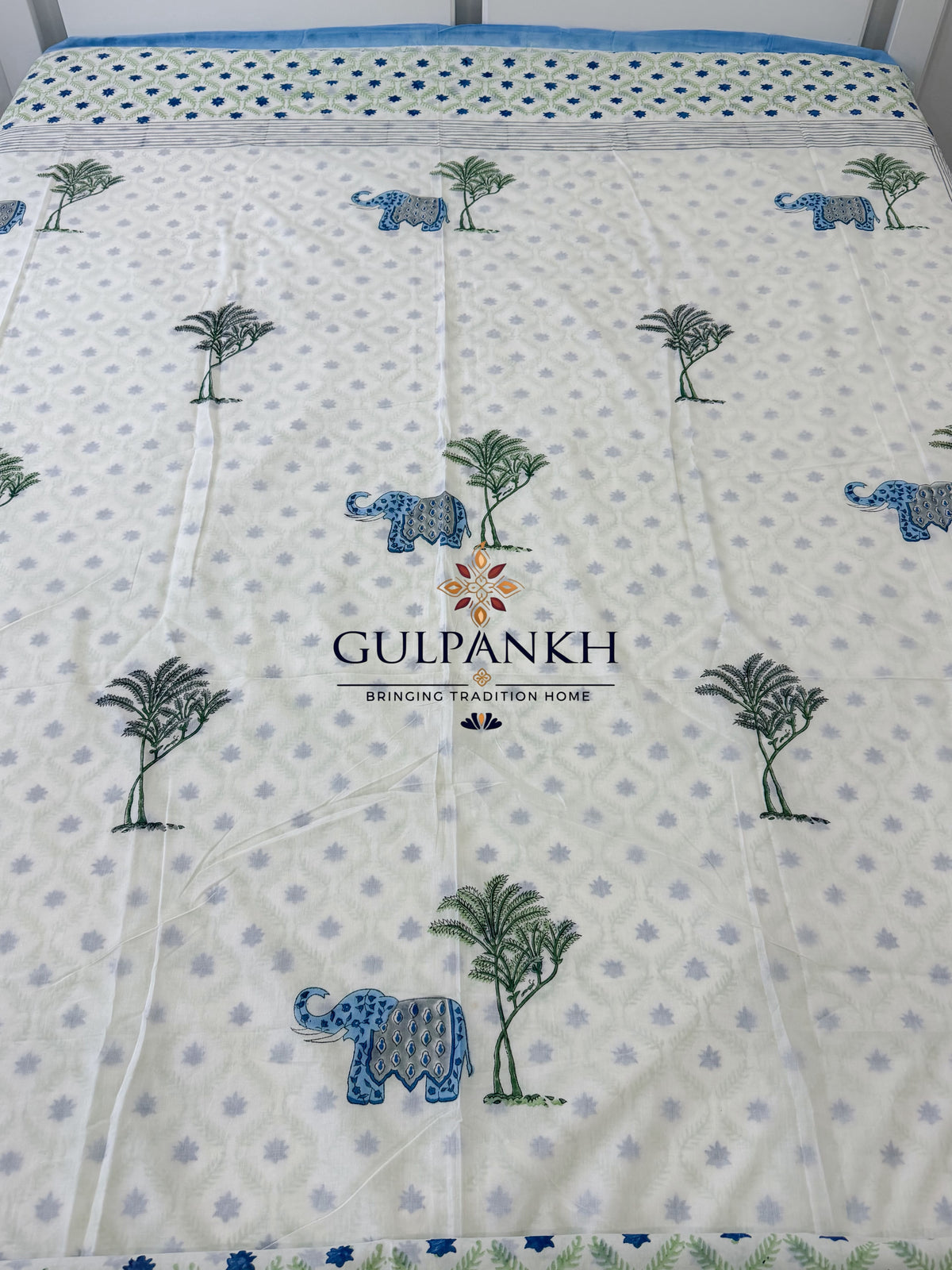 Hand Block Printed 100% Mulmul Cotton King Duvet Cover – Indigo Elephant Grove | Gulpankh Canada