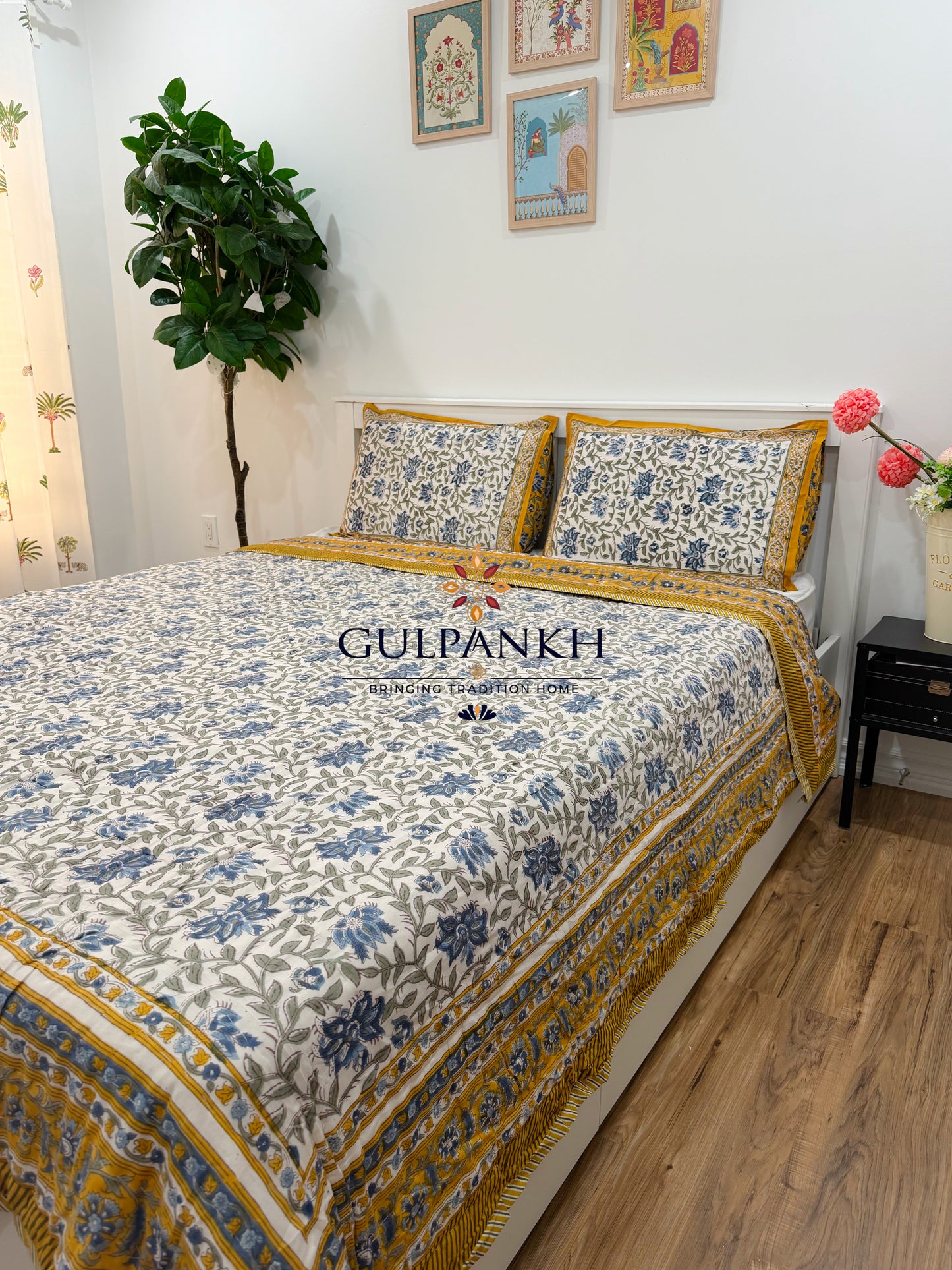 Reversible Hand Block Printed Cotton Quilt - Neel Mustard Gulzar | Gulpankh Canada