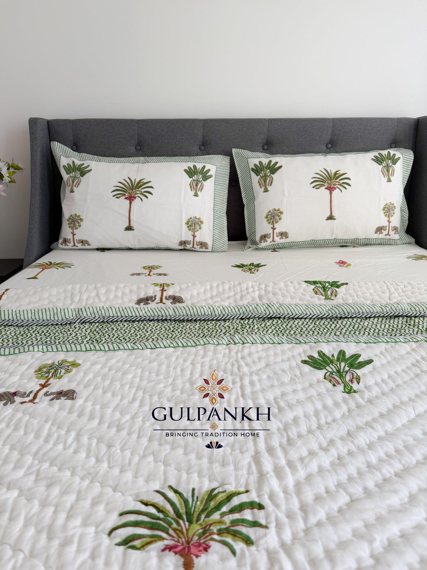 Royal Palm Garden Hand Block Printed Cotton Bedding Set with Quilt | Gulpankh Canada