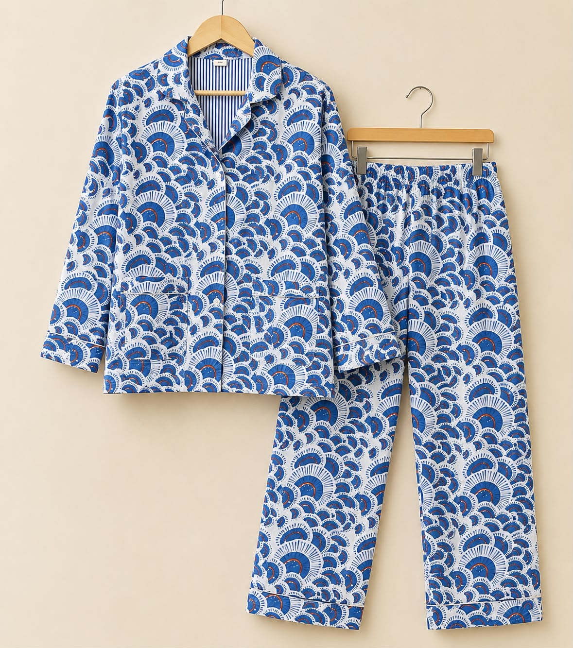 Hand Block Printed Cotton PJ Set with Storage Bag – Indigo Fan | Gulpankh Canada