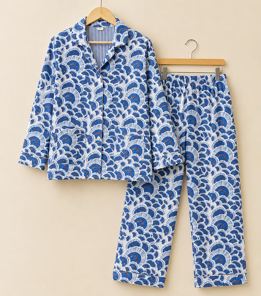 Hand Block Printed Cotton PJ Set with Storage Bag – Indigo Fan | Gulpankh Canada
