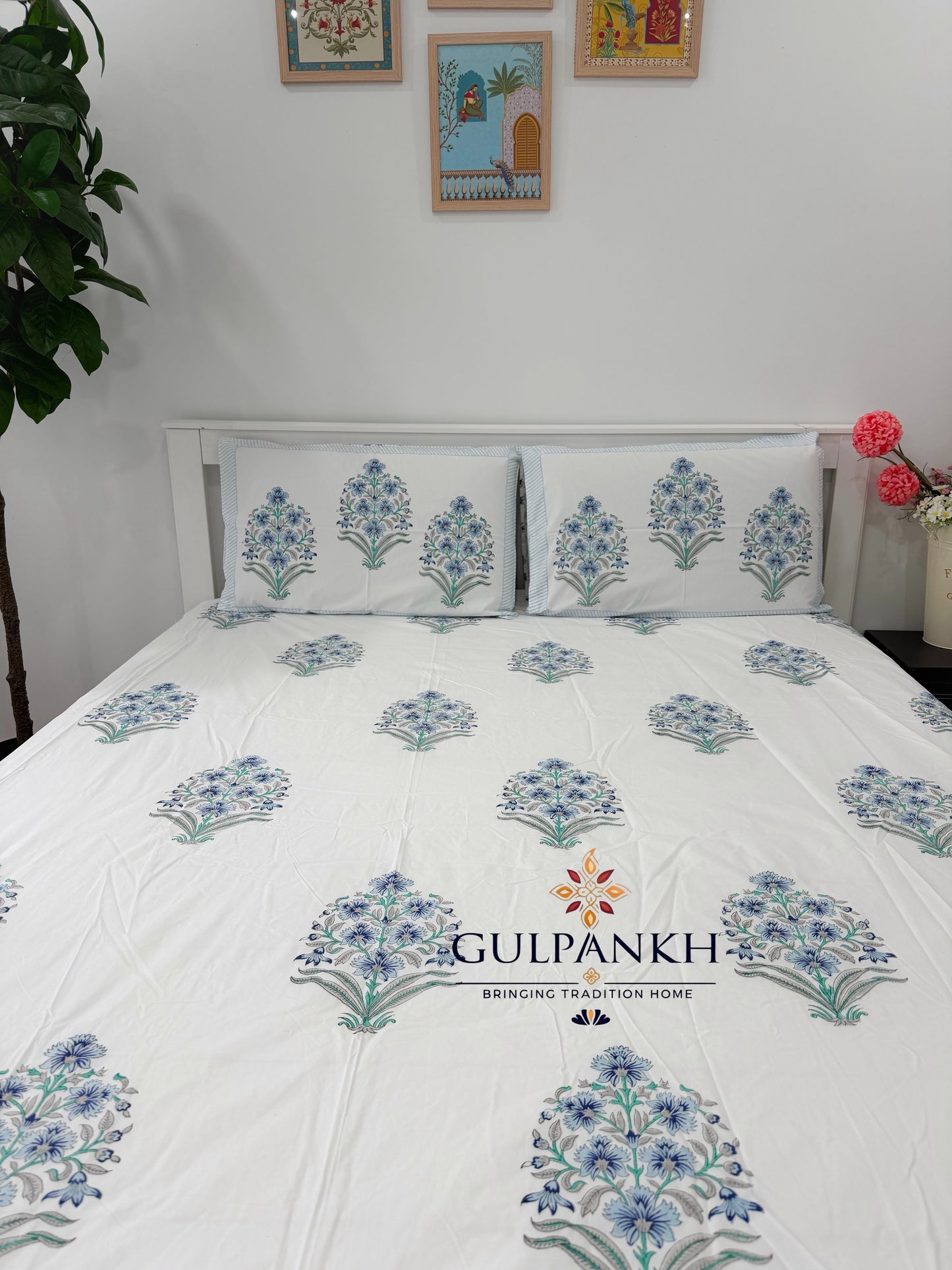 Hand Block Printed King Fitted Bedsheet - Bluebell Meadow Bloom | Gulpankh Canada