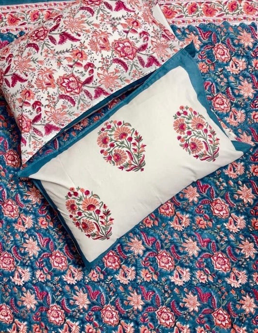 Hand Block Printed Twin Fitted Bedsheet - Teal Gulnaar Bloom | Gulpankh Canada
