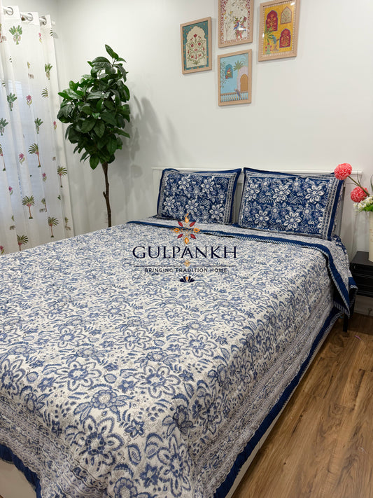 Hand Block Printed Cotton Quilt - Indigo Heritage Bloom | Gulpankh Canada