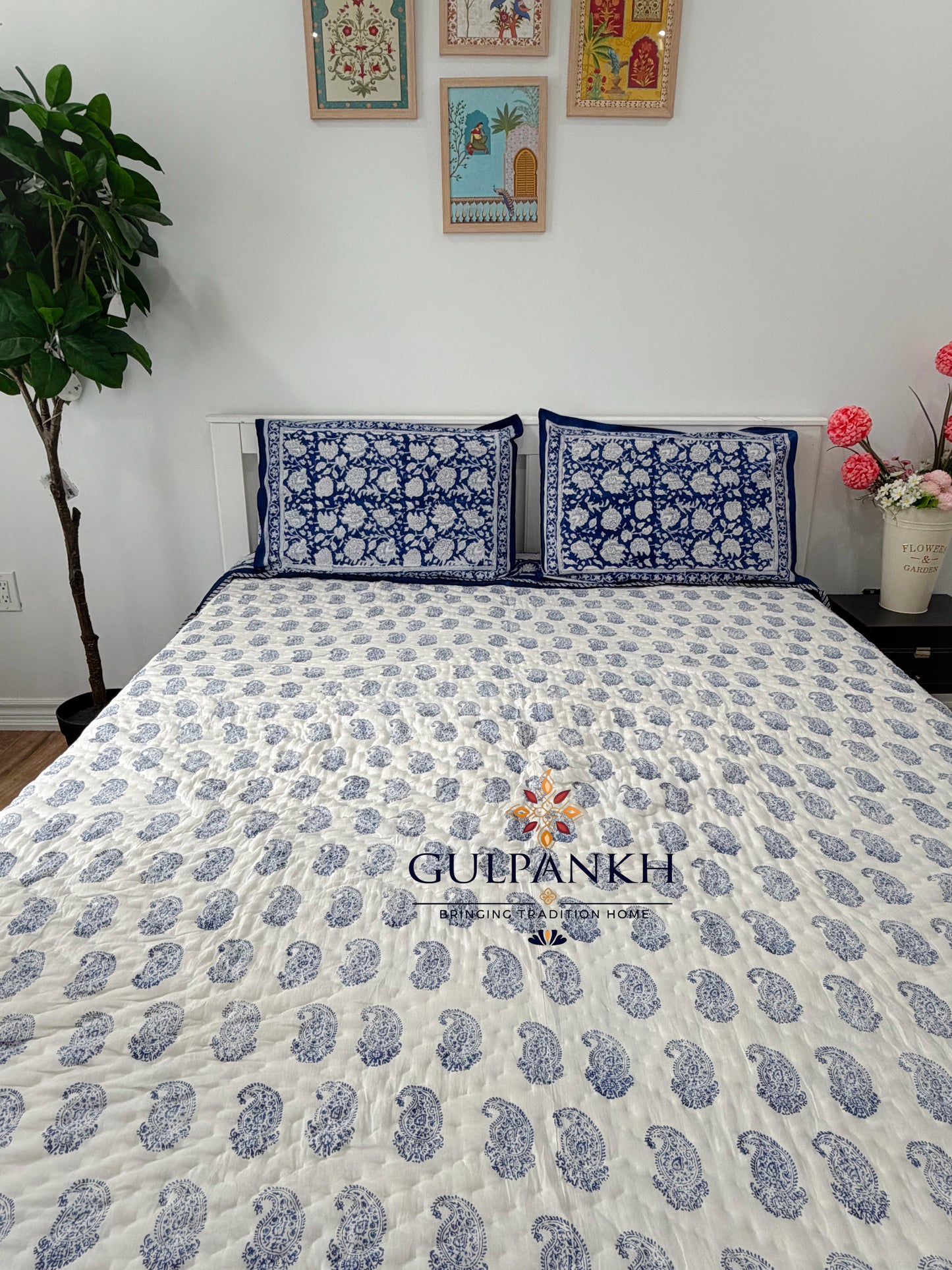 Hand Block Printed Cotton Quilt - Indigo Paisley Heritage | Gulpankh Canada