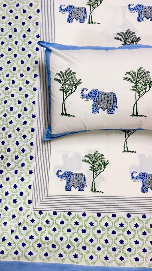 Hand Block Printed 100% Cotton Queen Flat Sheet - Royal Elephant Garden | Gulpankh Canada