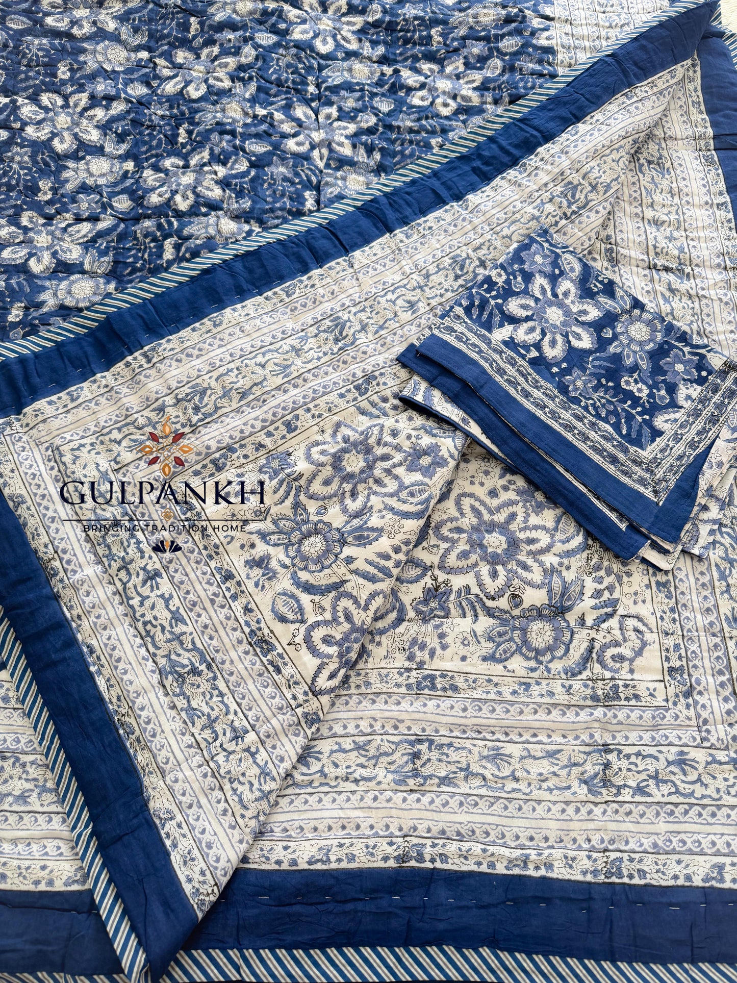 Hand Block Printed Cotton Quilt - Indigo Heritage Bloom | Gulpankh Canada