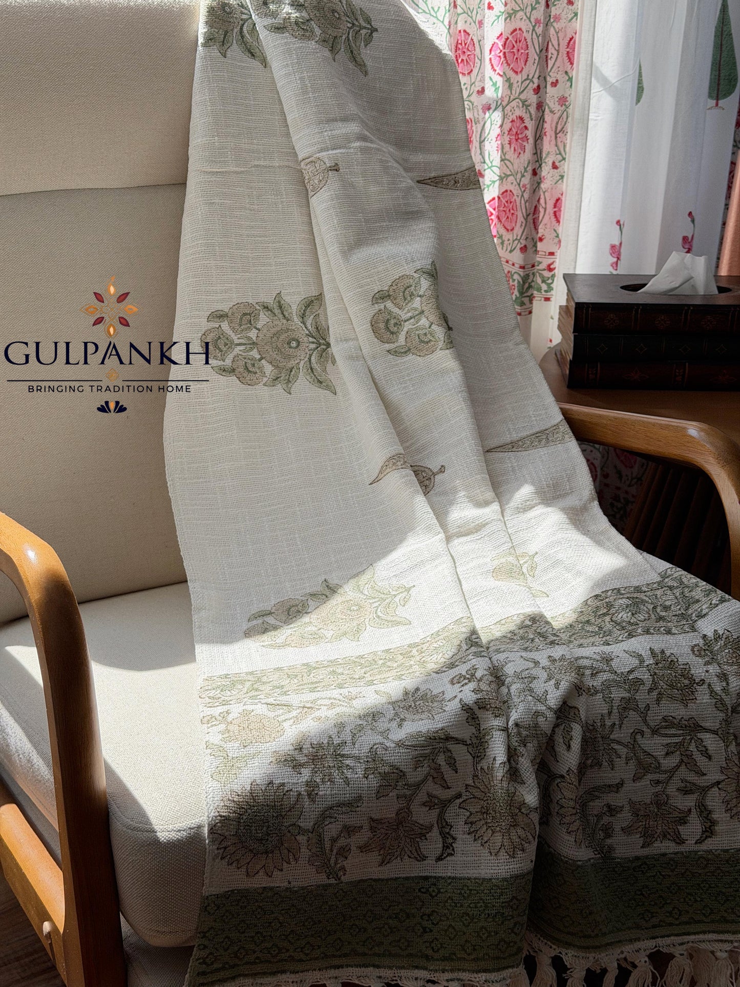Hand Block Printed TNT Sofa Throw – Sage Bloom | Gulpankh Canada
