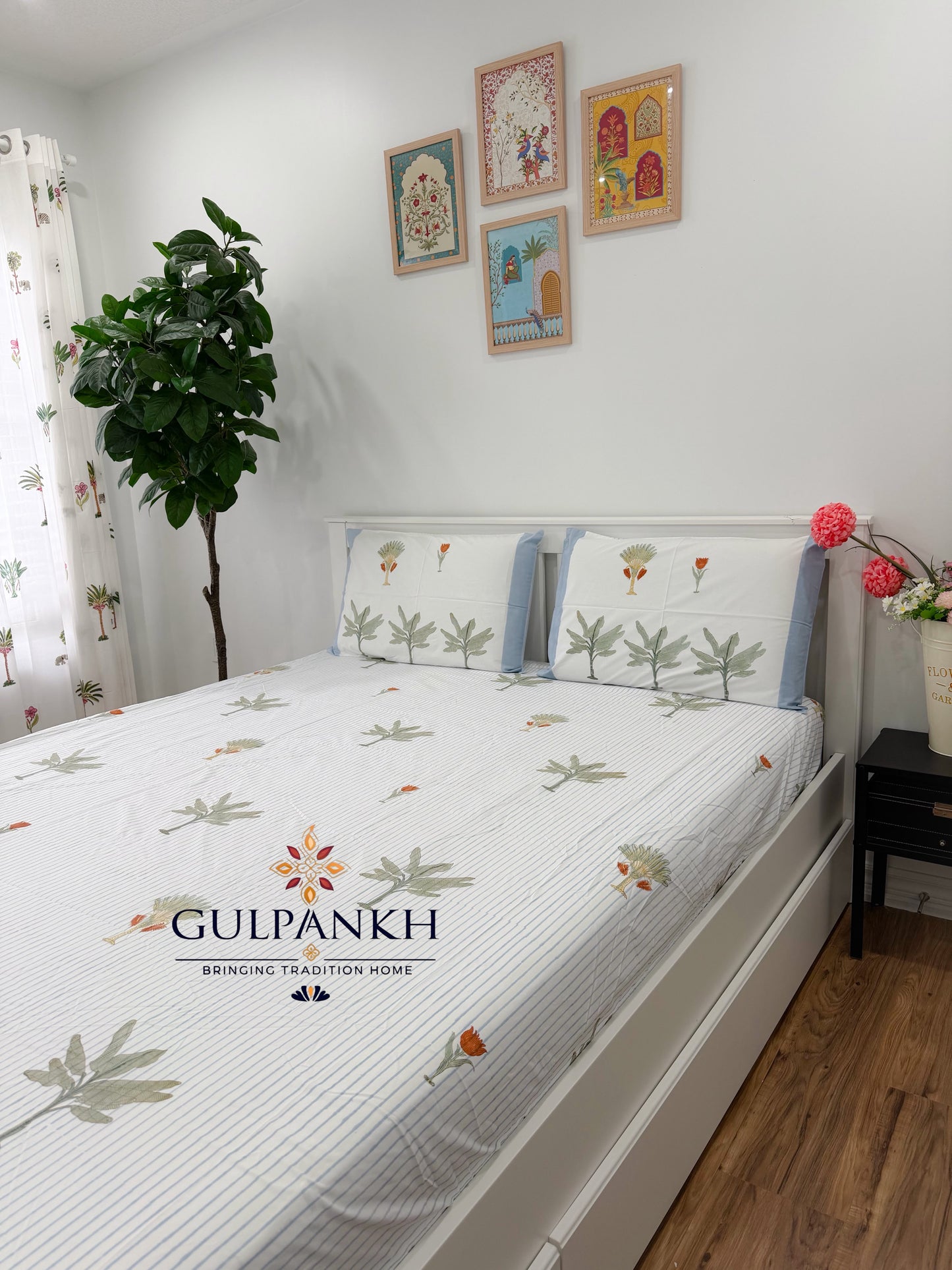 Hand Block Printed King Fitted Bedsheet - Palm Grove Breeze | Gulpankh Canada