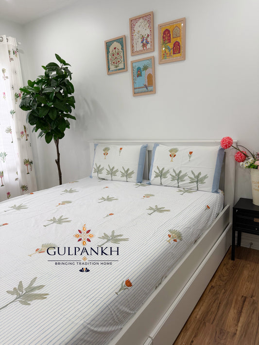 Hand Block Printed King Fitted Bedsheet - Palm Grove Breeze | Gulpankh Canada